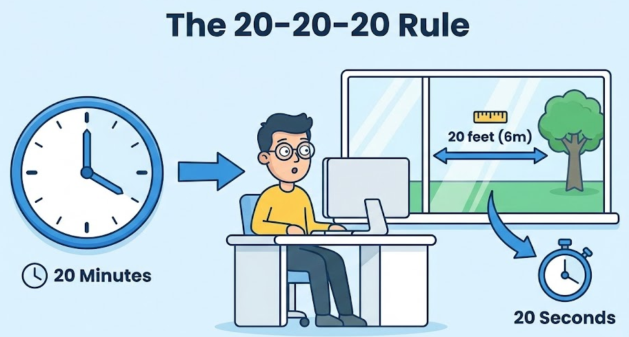 20-20-20 법칙 인포그래픽: 20분마다 6m 거리 20초 바라보기