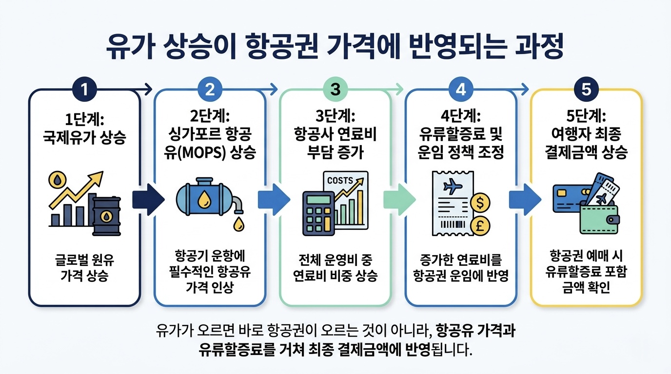 유가 상승에 따른 항공권 유류할증료 반영 구조 인포그래픽